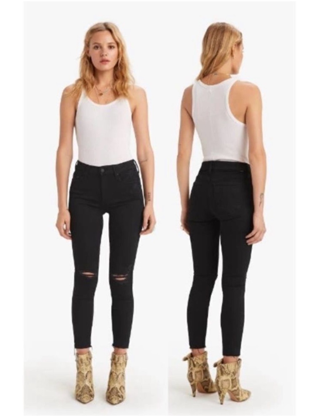 MOTHER looker ankle fray in guilty as sin Black Distressed Skinny Jeans